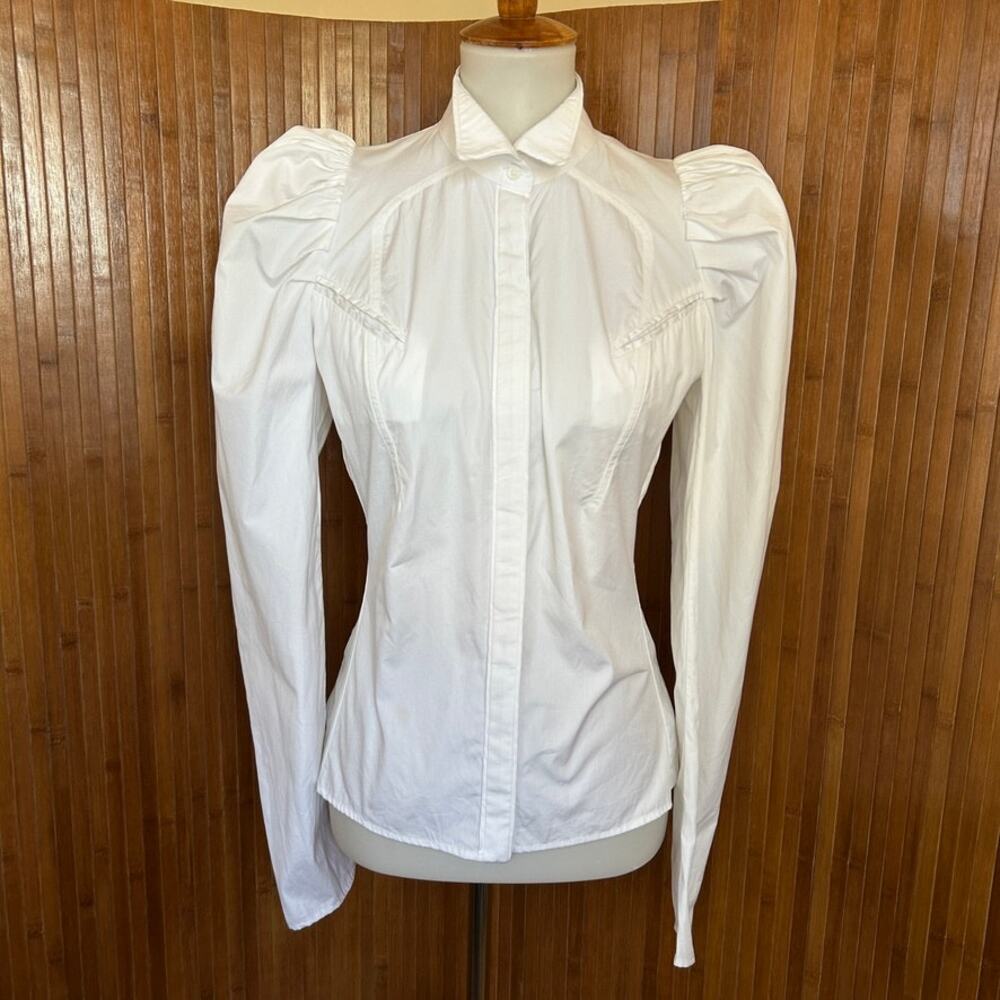 Givenchy White Cotton Poplin Tailored  Puff Shoulder Blouse Shirt